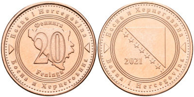 Босния и Герцеговина 20 фенигов 2021 KM 116 сталь плакированная медью UNC 4514-1251