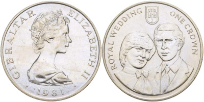 Гибралтар 1 крона 1981 королевская свадьба принца Чарльза и леди Дианы Спенсер, 29 июля 1981 года KM 14 медно-никель UNC 4527-435