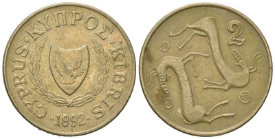 Кипр 2 цента 1992 KM 54.3 никель латунь 4618-635