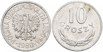 ПОЛЬША 10 ГРОШЕЙ 1980 MW KM АА47 алюминий 214-762