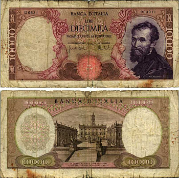 Италия 10000 лир 1973 Микеланджело Pick 97f бумага 8518-40-2-1