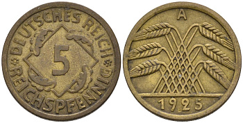 Германия 5 рейхспфеннигов 1925 A KM 39, J. 316, Weege 7 алюминиевая бронза 4567-1035
