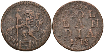 Голландия (Holland), Нидерланды 1 дуит 1713 KM 80 медь 4575-1257