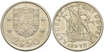 ПОРТУГАЛИЯ 2,5 ЭСКУДО 1979 ПАРУСНИК KM 590 медно-никель 3718-323