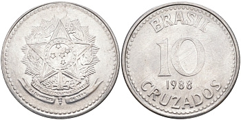 Бразилия 10 крузадо 1988 реформа 1986-1989 KM 607 нержавеющая сталь 219-832