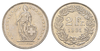 Швейцария 2 франка 1991 KM 21a медно-никель 186-835