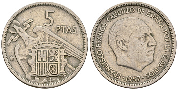 Испания 5 песет 1957 Франсиско Франко (1939-1975) KM 786 медно-никель 259-116
