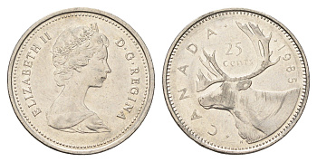 Канада 25 центов 1985 Елизавета II (1952-2022), олень KM 74 никель 4688-523