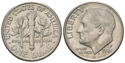 США 10 центов (дайм) 1994 P, президент Рузвельт KM 195a медь плакированная медно-никелем UNC 218-155