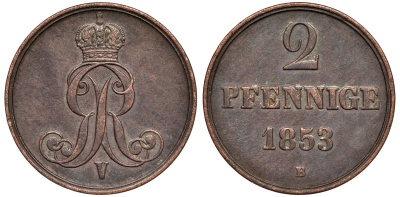 Брауншвейг-Каленберг-Ганновер 2 пфеннига 1853 B, Георг V (1851-1866) KM 217,aKS 152, J. 84 медь 4142-157