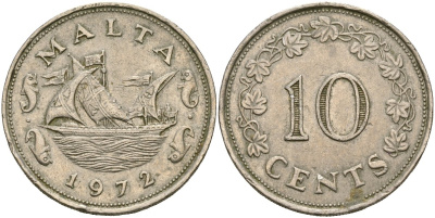 Мальта 10 центов 1972 баржа Великого магистра KM 11 медно-никель 4137-914