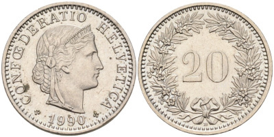 Швейцария 20 раппенов 1990 В KM 29а медно-никель 4563-113
