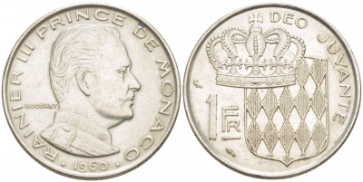 Монако 1 франк 1960 Ренье III (1949-2005) KM 140 никель 4402-646