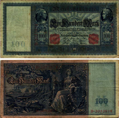 ГЕРМАНИЯ 100 МАРОК 1910 21 АПРЕЛЯ 1910, КРАСНАЯ ПЕЧАТЬ Pick 42 бумага 7191-47-1