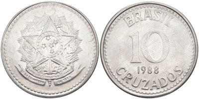 Бразилия 10 крузадо 1988 реформа 1986-1989 KM 607 нержавеющая сталь 219-832