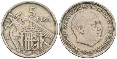 Испания 5 песет 1957 Франсиско Франко (1939-1975) KM 786 медно-никель 259-116