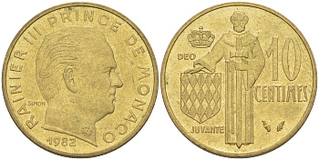 Монако 10 сантимов 1982 Ренье III (1949-2005) KM 142 алюминиевая бронза 188-1053