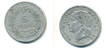 Франция 5 франков 1949 тип Лаврийе KM 888b.1, LE FRANC 339.17 алюминий 80-131