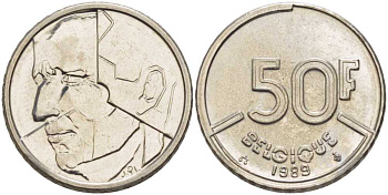 БЕЛЬГИЯ 50 ФРАНКОВ 1989 BELGIQUE, БОДУЭН I (1951-1993) KM 168 никель 4397-416