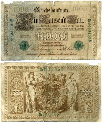 Германия 1000 Марок 1910 21 апреля 1910, Буква D, номер семизначный, серия B, ЗЕЛЁНАЯ ПЕЧАТЬ Pick 45b, Розенберг 46b бумага 00-00