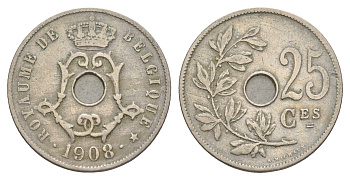 Бельгия 25 сантимов 1908 Belgique, Альберт I (1909-1934) KM 62 медно-никель 4538-636