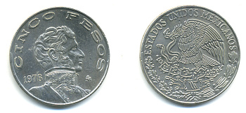 МЕКСИКА 5 ПЕСО 1976 ВИСЕНТЕ ГЕРРЕРО, LARGE DATE KM 472 медно-никель 86-1541