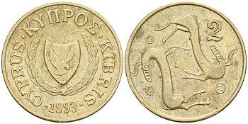 Кипр 2 цента 1993  KM 54.3 никель латунь    4115-415
