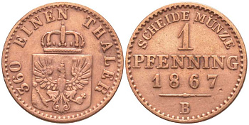 ПРУССИЯ 1 ПФЕННИГ 1867 В, ВИЛЬГЕЛЬМ I (1861-1888) KM 480 медь 201-546