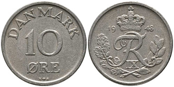 ДАНИЯ 10 ЭРЕ 1948 N; S, ФРЕДЕРИК IX (1947-1972) KM 841.1 медно-никель 116-213