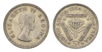 ЮАР 3 пенса 1954 Елизавета II (1952-2022) KM 47 серебро 4547-411