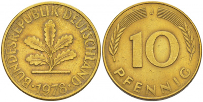 ФРГ 10 ПФЕННИГОВ 1978 J KM 108, J.383 сталь плакированная латунью 3718-815