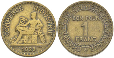 ФРАНЦИЯ 1 ФРАНК 1923 ТИП CHAMBRES DE COMMERCE KM 876, LE FRANC 218.5 алюминиевая бронза 202-326
