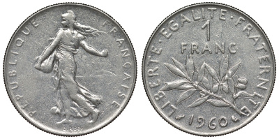 Франция 1 франк 1960 сеятель KM 925.1, Le Franc 226.5 никель 4128-423