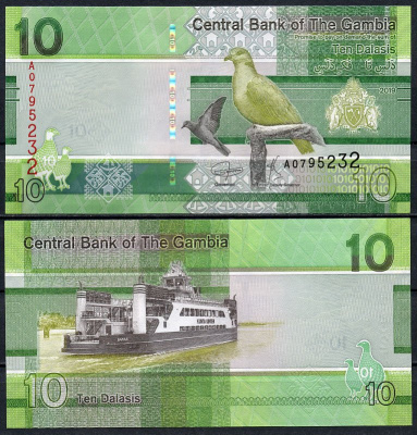 Гамбия 10 даласи 2019 птица, паром Pick NEW  бумага  UNC (пресс) 448-72-3