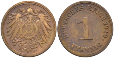 ГЕРМАНИЯ 1 ПФЕННИГ 1910 F KM 10, J. 10, Weege 2 медь 211-428