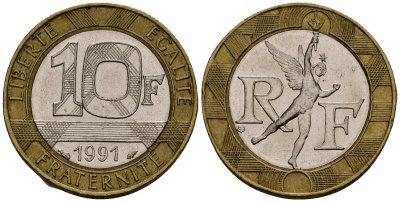 Франция 10 франков 1991 тип Гений Бастилии KM 964.1, Le Frank 375.6 биметалл 4138-333