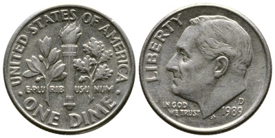 США 10 ЦЕНТОВ = 1 ДАЙМ 1989 D, РУЗВЕЛЬТ KM 195а медь плакированная медно-никелем 57-1249