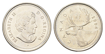 Канада 25 центов 2004 Leaf, Елизавета II (1952-2022), олень KM 493 сталь плакированная никелем UNC 4706-713