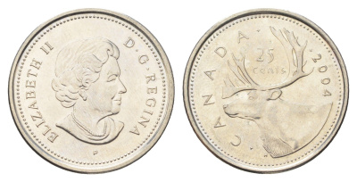 Канада 25 центов 2004 Leaf, Елизавета II (1952-2022), олень KM 493 сталь плакированная никелем UNC 4706-713