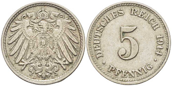 ГЕРМАНИЯ 5 ПФЕННИГОВ 1914 D KM 11, J. 12 медно-никель 105-211