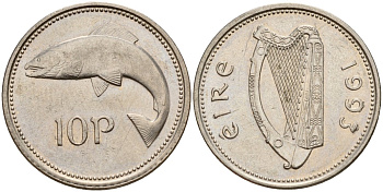 Ирландия 10 пенсов 1993 лосось KM 29 медно-никель 4141-314