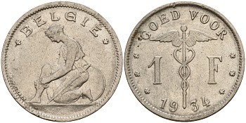 Бельгия 1 франк 1934/24 Belgie KM 90 никель    4161-1211