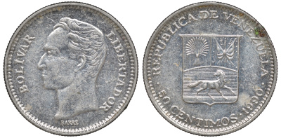 Венесуэла 50 сентимо 1990 Y 41a сталь плакированная никелем 4606-341