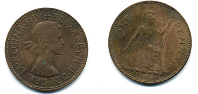 Великобритания 1 пенни 1964 Елизавета II (1952-2022) KM 897, Spink 4157 бронза 4110-336