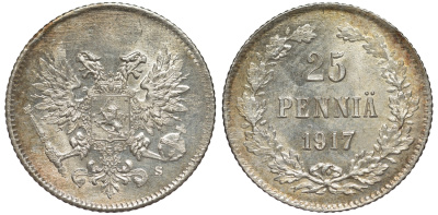Россия для Финляндии 25 пенни 1917 S, временное правительство, без короны KM 19, Биткин 2 серебро 75-1533