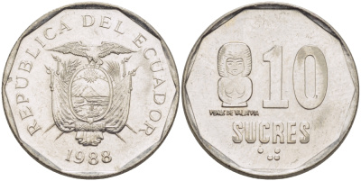 ЭКВАДОР 10 СУКРЕ 1988 VENUS DE VALDIVIA KM 92.1 сталь плакированная никелем 31-432