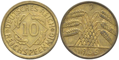 ГЕРМАНИЯ 10 РЕЙХСПФЕННИГОВ 1935 J KM 40, J. 317, Weege 9 алюминиевая бронза 210-413