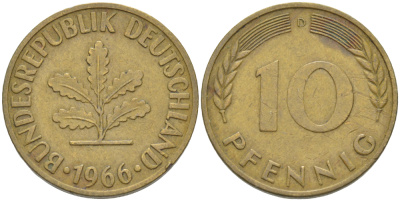 ФРГ 10 ПФЕННИГОВ 1966 D KM 108, J. 383 сталь плакированная латунью 4182-752