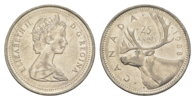 Канада 25 центов 1988 Елизавета II (1952-2022), олень KM 74 никель 4631-637