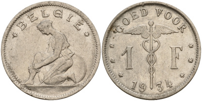 Бельгия 1 франк 1934/24 Belgie KM 90 никель    4161-1211